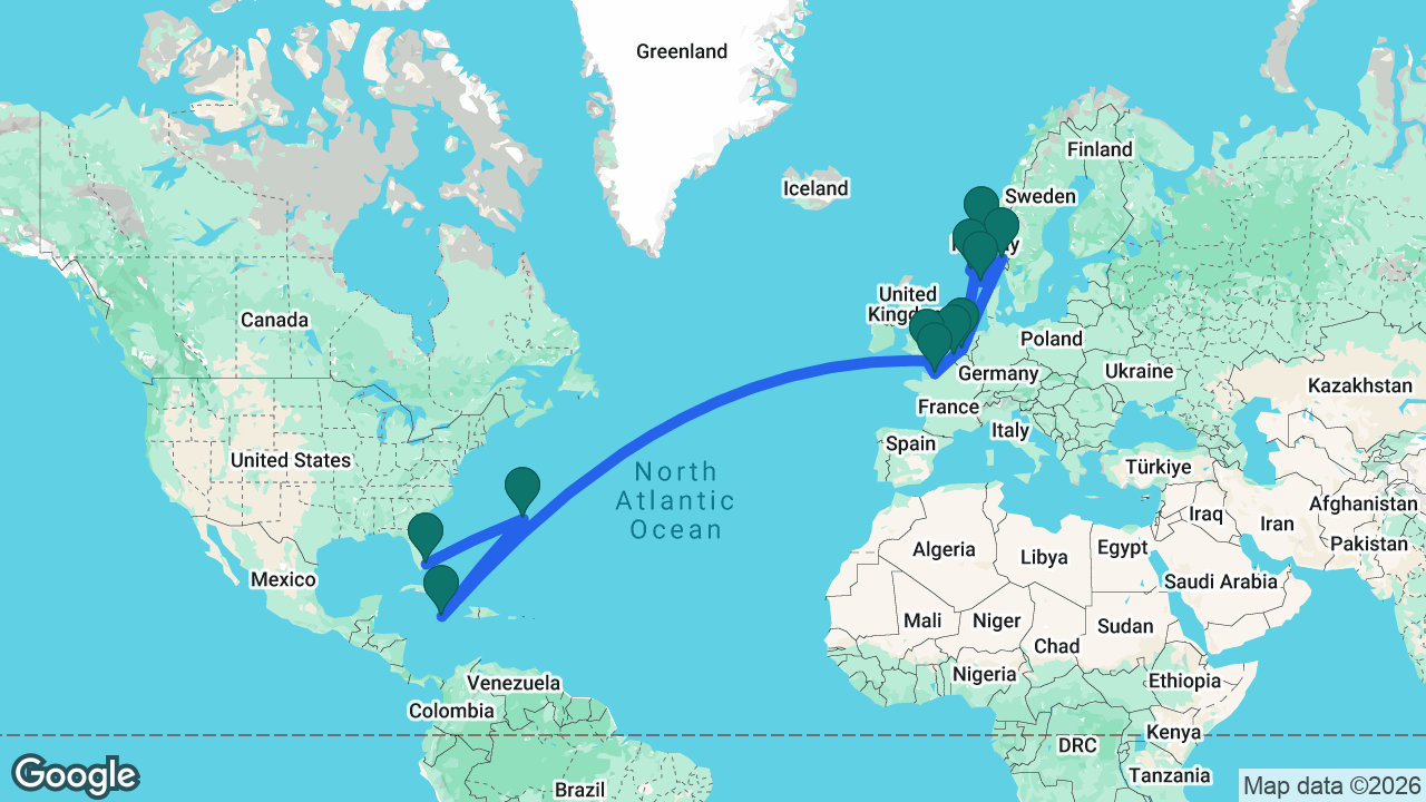 Route map: Fort Lauderdale -> Bermuda -> Falmouth -> Portsmouth -> Paris -> Bruges -> Rotterdam -> Oslo -> Mandal -> Stavanger -> Skjolden -> Rotterdam