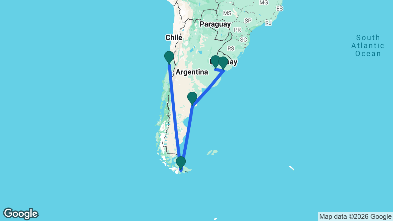 Route map: San Antonio -> Ushuaia -> Puerto Madryn -> Montevideo -> Buenos Aires