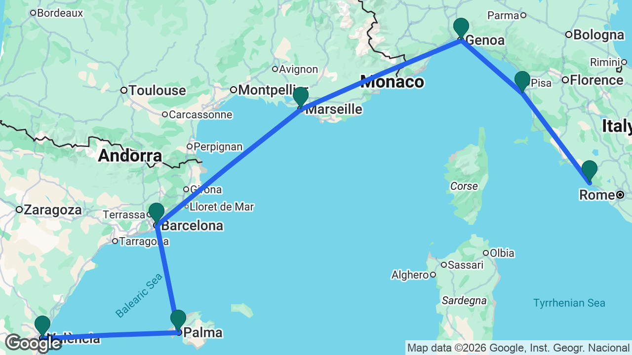 Route map: Valencia -> Mallorca -> Barcelona -> Marseille -> Genoa -> Florence -> Rome