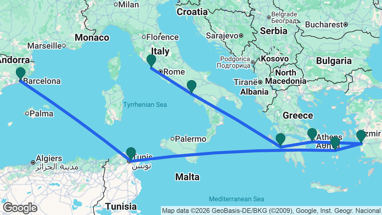 Route map: Rome -> Amalfi Coast -> Katakolon -> Athens -> Ephesus -> Mykonos -> La Goulette -> Barcelona