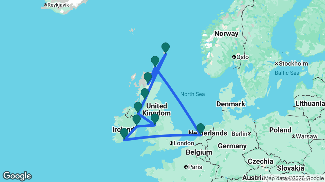 Route map: Amsterdam -> Cobh -> Dún Laoghaire -> Liverpool -> Belfast -> Glasgow -> Lerwick -> Inverness -> Kirkwall -> Amsterdam