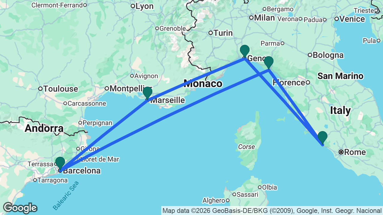 Route map: Barcelona -> Marseille -> Genoa -> Rome -> La Spezia -> Barcelona