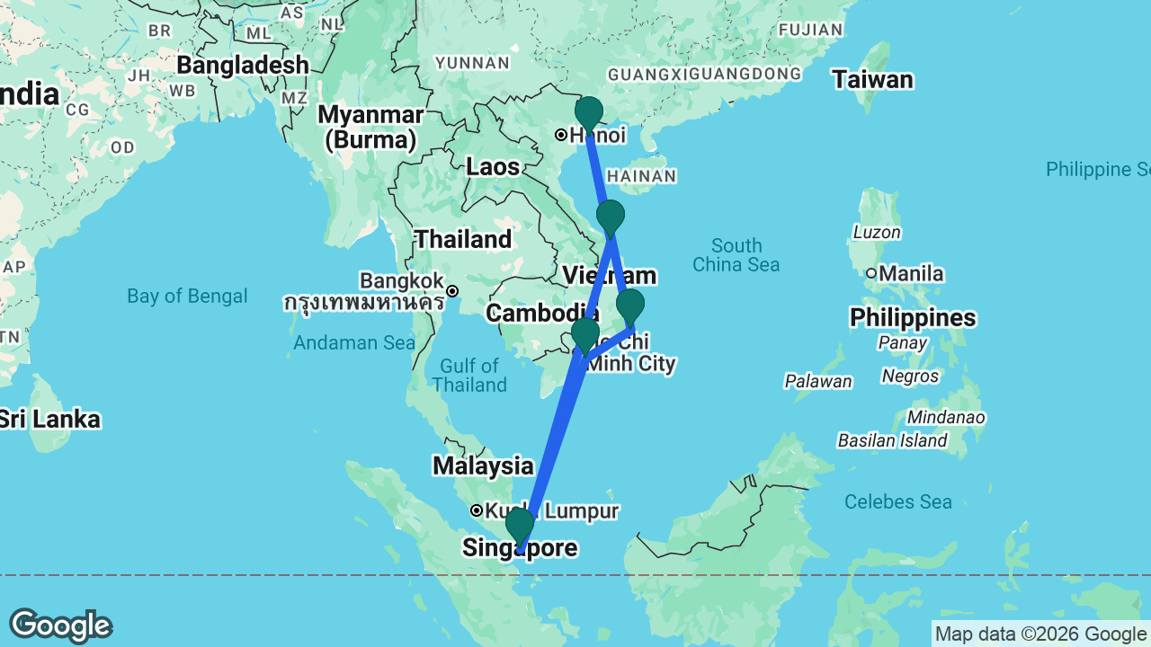 Route map: Singapore -> Ho Chi Minh City -> Cam Ranh -> Ha Long Bay -> Da Nang -> Singapore