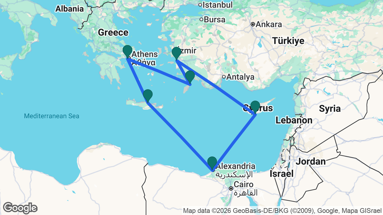 Route map: Athens -> Rhodes -> Ephesus -> Limassol -> Alexandria -> Heraklion -> Athens