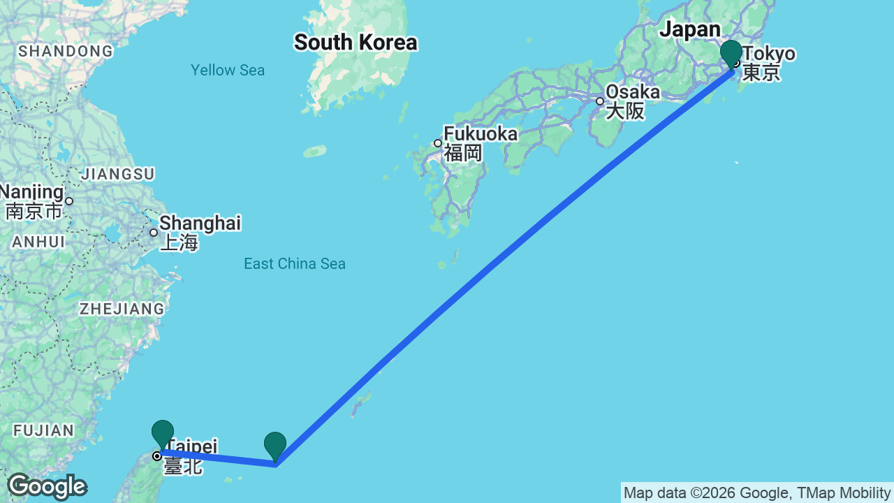 Route map: Keelung -> Miyakojima -> Tokyo