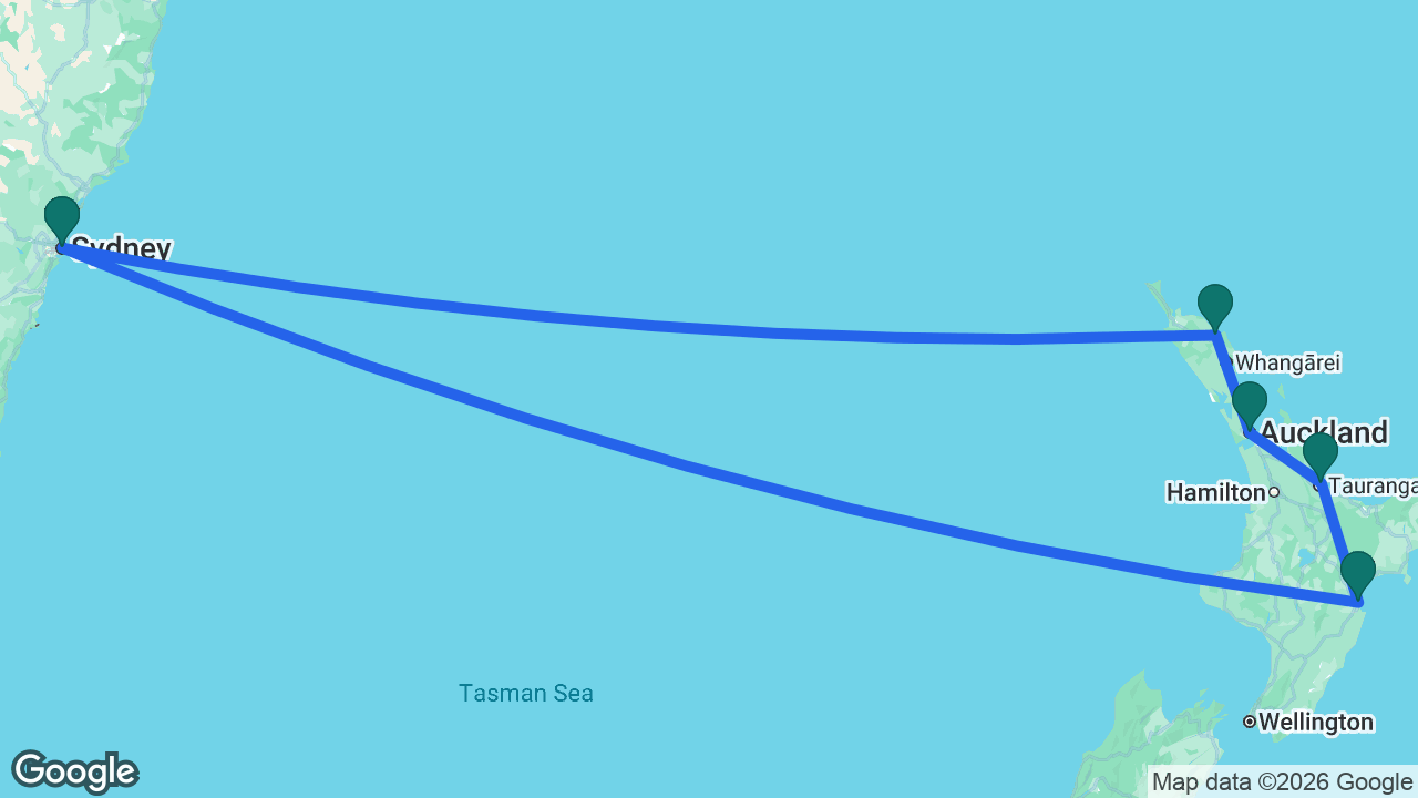 Route map: Sydney -> Napier -> Tauranga -> Auckland -> Bay of Islands -> Sydney