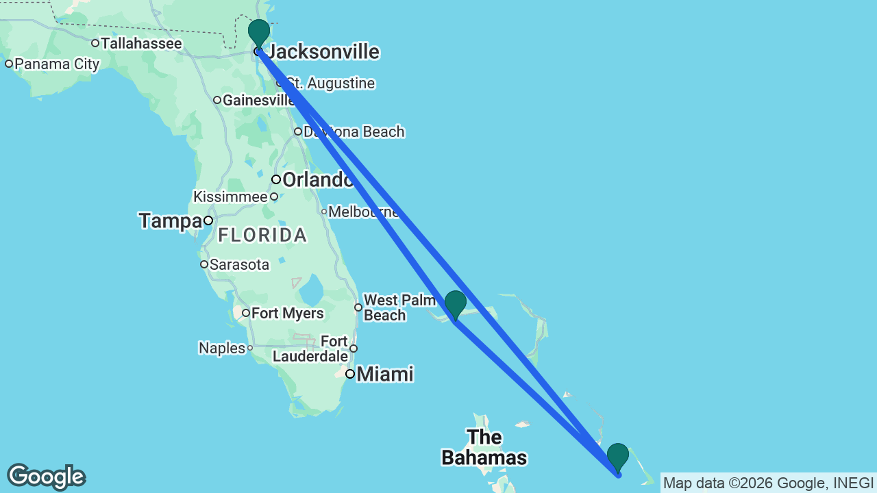 Route map: Jacksonville -> Half Moon Cay -> Celebration Key -> Jacksonville