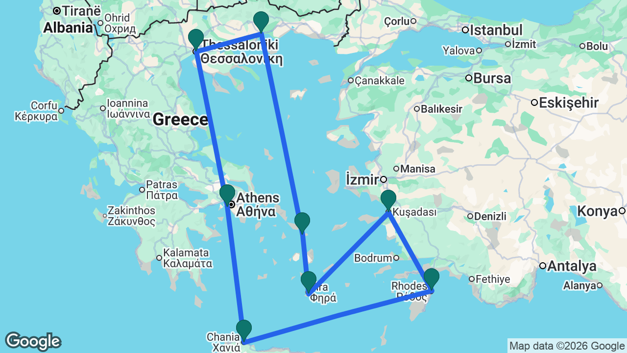 Route map: Athens -> Chania -> Rhodes -> Ephesus -> Santorini -> Mykonos -> Kavala -> Thessaloniki -> Athens