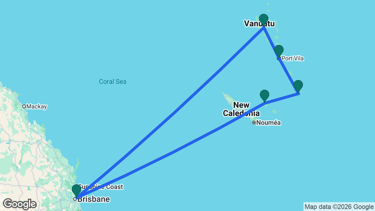 Route map: Brisbane -> Santo -> Port Vila -> Mystery Island -> Lifou -> Brisbane