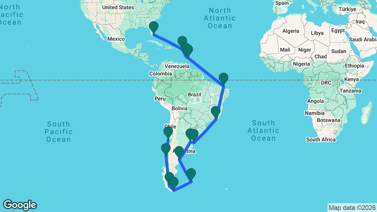 Route map: Fort Lauderdale -> St. Maarten -> St. Lucia -> Barbados -> Fortaleza -> Rio -> Montevideo -> Buenos Aires -> Puerto Madryn -> Port Stanley -> Ushuaia -> Beagle Channel -> Punta Arenas -> Puerto Montt -> San Antonio