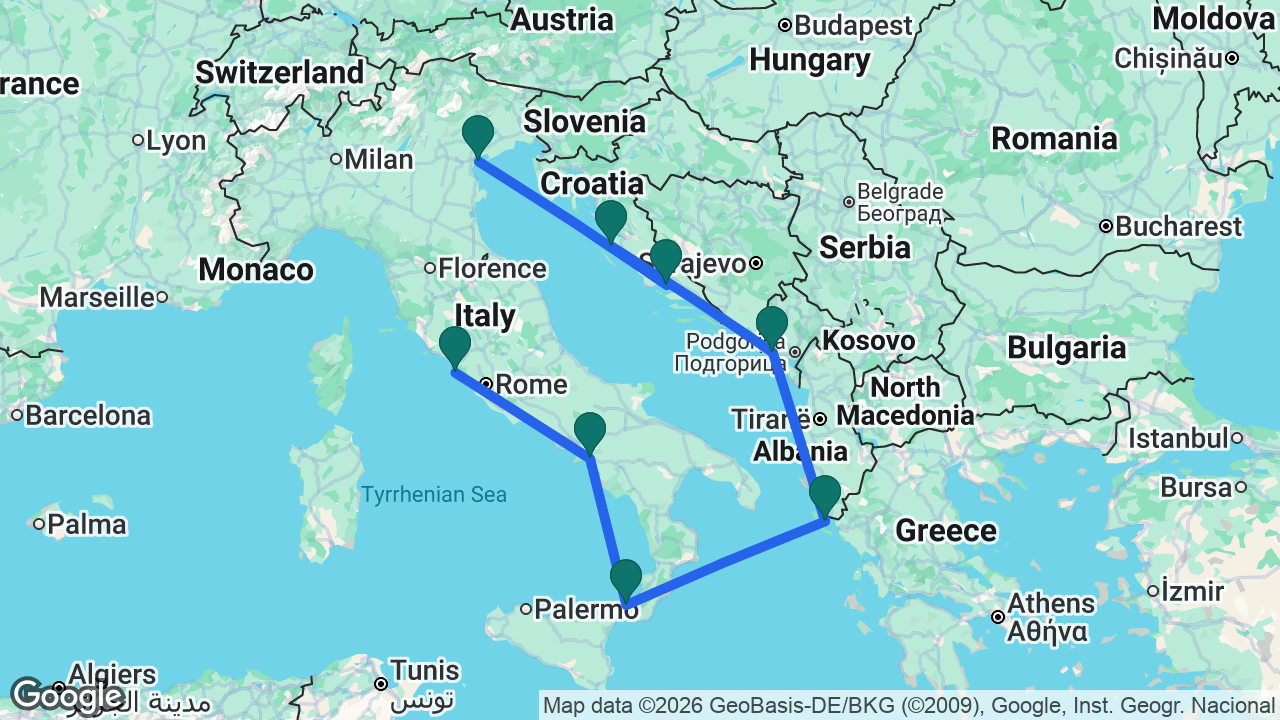 Route map: Venice -> Split -> Zadar -> Kotor -> Corfu -> Messina -> Amalfi Coast -> Rome