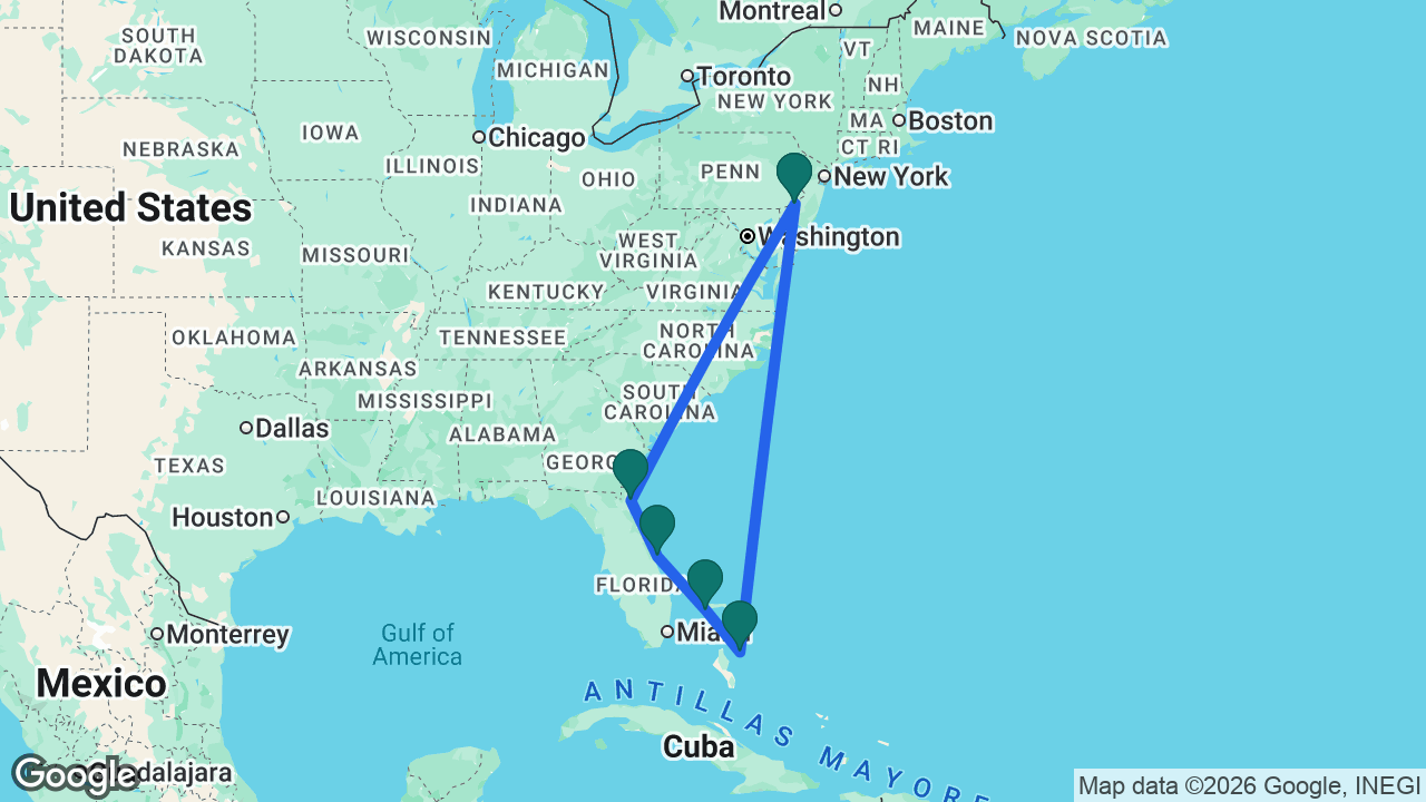 Route map: Philadelphia -> Nassau -> Freeport -> Port Canaveral -> Jacksonville -> Philadelphia