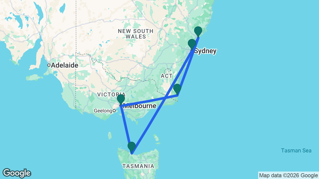 Route map: Sydney -> Newcastle AU -> Eden -> Melbourne -> Tasmania -> Sydney