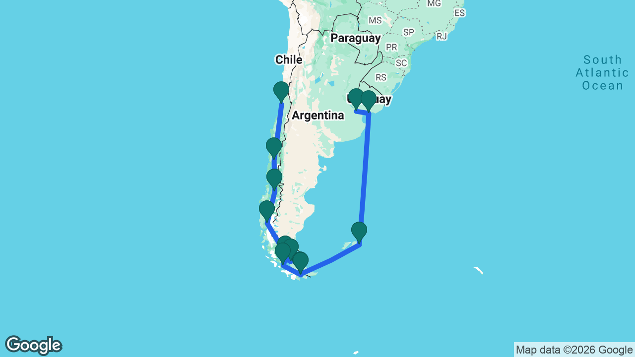 Route map: San Antonio -> Puerto Montt -> Puerto Chacabuco -> Pío XI Glacier -> Strait of Magellan -> Punta Arenas -> Cockburn Channel -> Beagle Channel -> Ushuaia -> Port Stanley -> Montevideo -> Buenos Aires