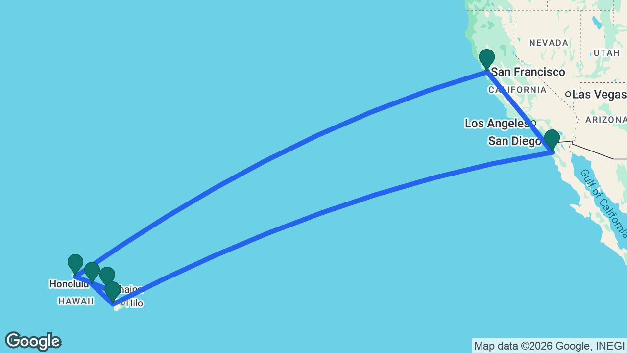 Route map: San Francisco -> Kauai -> Maui -> Honolulu -> Kona -> Ensenada -> San Francisco