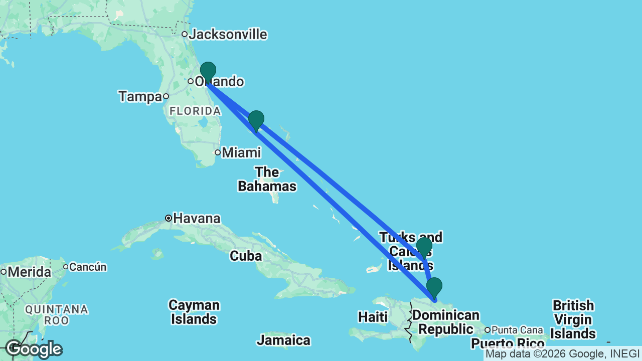Route map: Port Canaveral -> Celebration Key -> Amber Cove -> Grand Turk -> Port Canaveral