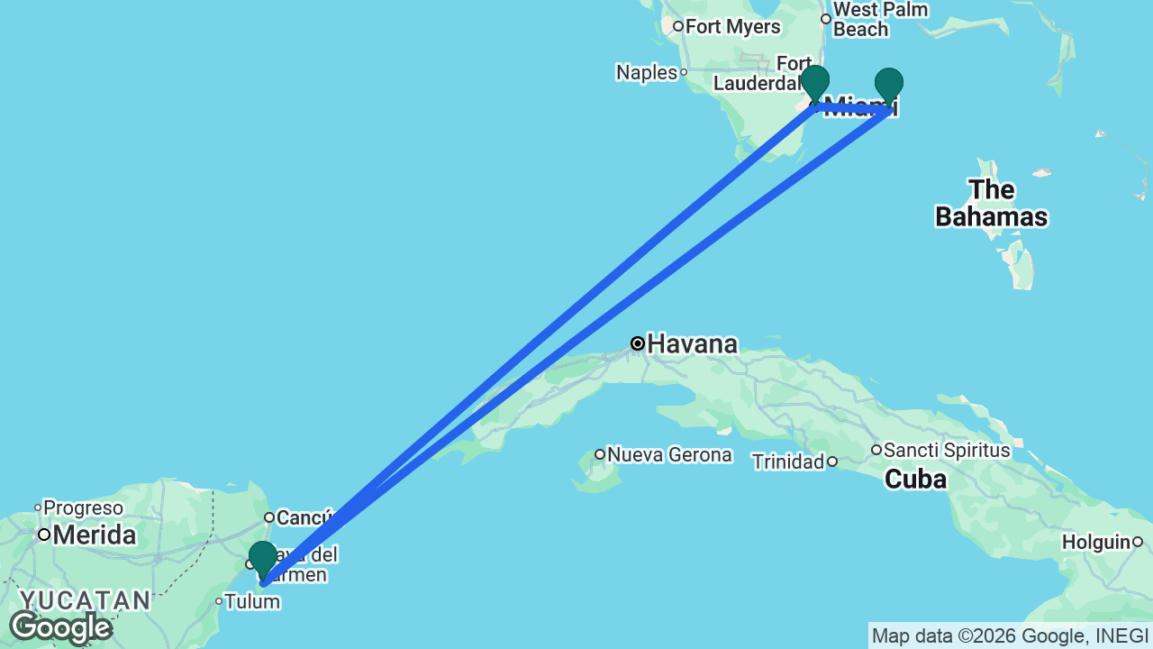 Route map: Miami -> Cozumel -> Bimini -> Miami