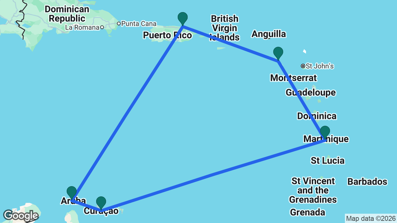 Route map: San Juan -> Aruba -> Curaçao -> Martinique -> St. Kitts -> San Juan