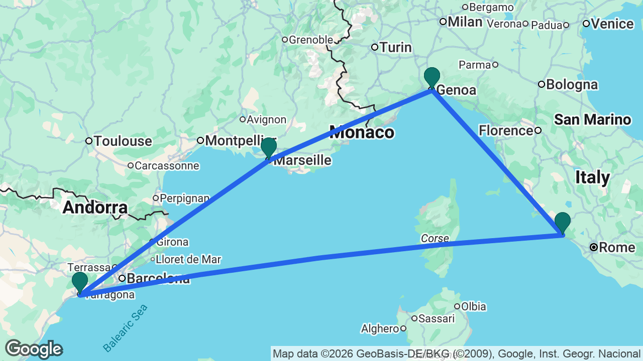 Route map: Tarragona -> Rome -> Genoa -> Marseille -> Tarragona