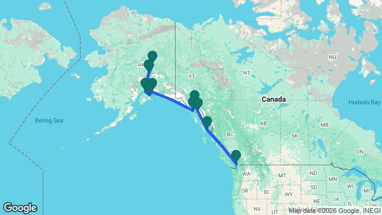 Route map: Vancouver -> Ketchikan -> Juneau -> Skagway -> Glacier Bay -> College Fjord -> Whittier -> Anchorage -> Denali -> Fairbanks