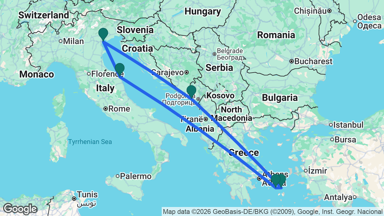 Route map: Venice -> Kotor -> Mykonos -> Syros -> Ancona -> Venice