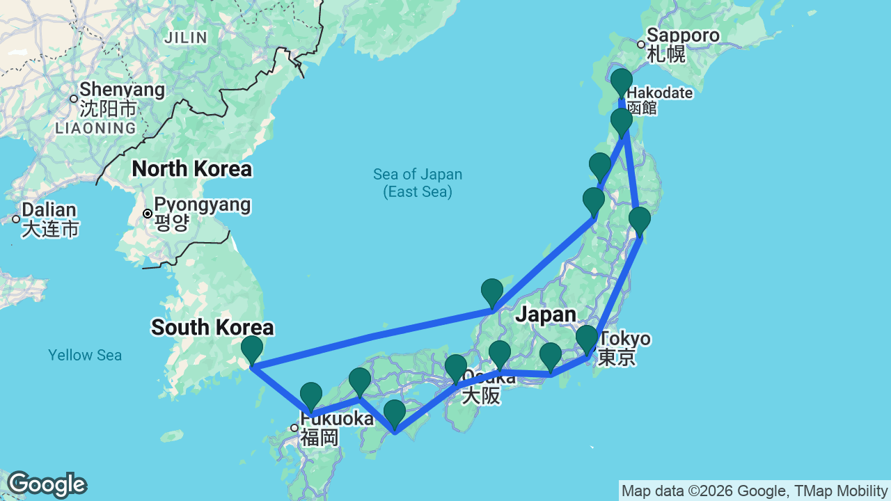 Route map: Tokyo -> Ishinomaki -> Hakodate -> Aomori -> Akita -> Sakata -> Kanazawa -> Busan -> Shimonoseki -> Hiroshima -> Kochi -> Osaka -> Nagoya -> Mount Fuji -> Tokyo