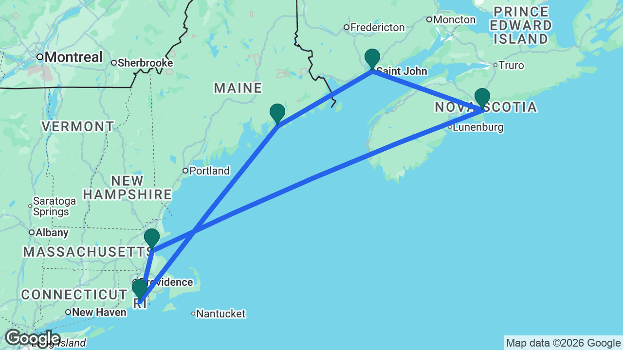 Route map: Boston -> Newport -> Bar Harbor -> Saint John -> Halifax -> Boston