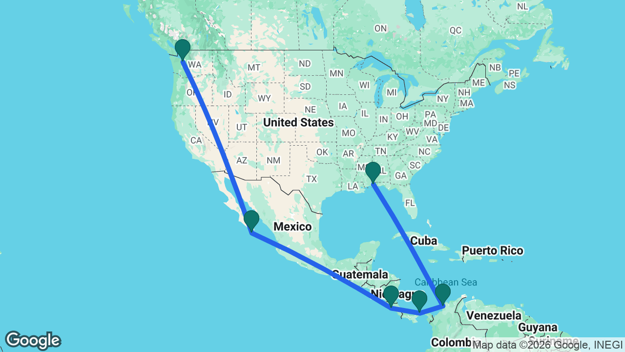 Route map: Mobile -> Cartagena -> Panama Canal -> Puntarenas -> Cabo -> Seattle