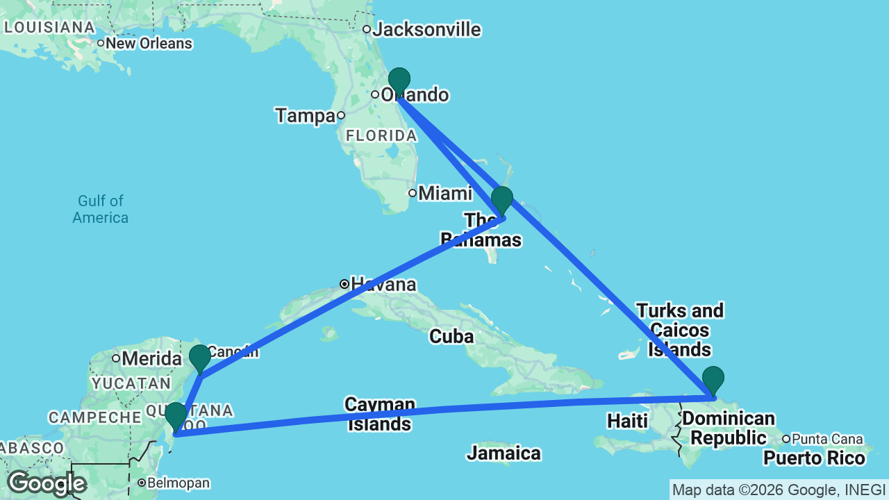 Route map: Port Canaveral -> Nassau -> Cozumel -> Costa Maya -> Puerto Plata -> Port Canaveral