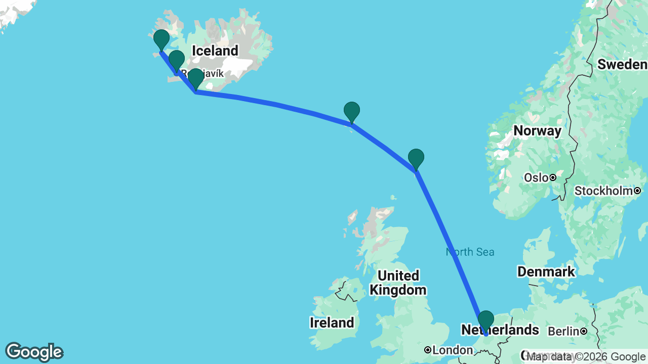 Route map: Reykjavik -> Grundarfjordur -> Heimaey -> Runavík -> Lerwick -> Amsterdam