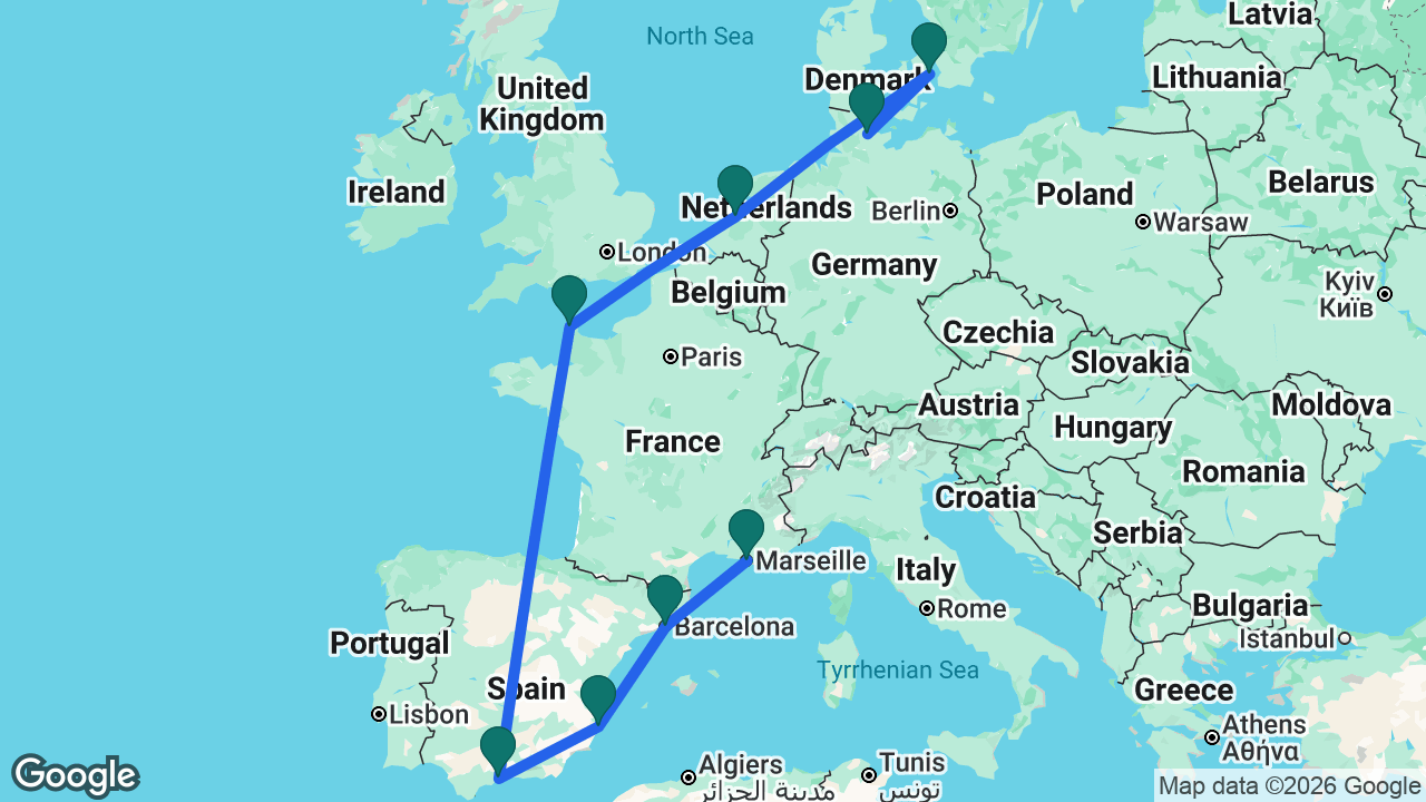 Route map: Kiel -> Copenhagen -> Amsterdam -> Cherbourg -> Málaga -> Alicante -> Barcelona -> Marseille