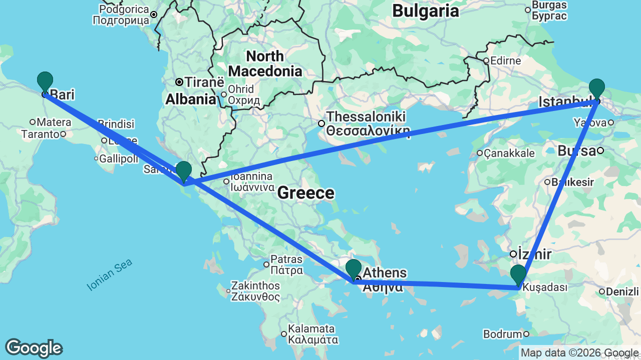 Route map: Bari -> Athens -> Ephesus -> Istanbul -> Corfu -> Bari