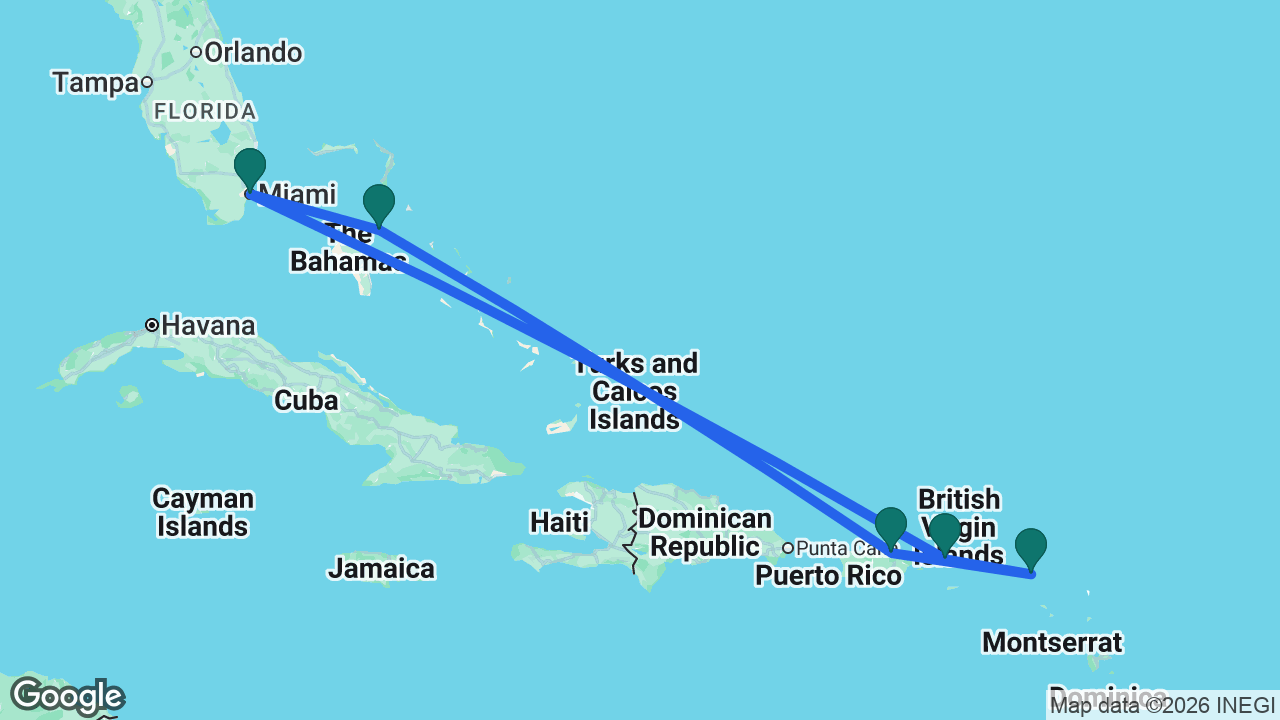 Route map: Miami -> Nassau -> San Juan -> St. Maarten -> St. Thomas -> Miami