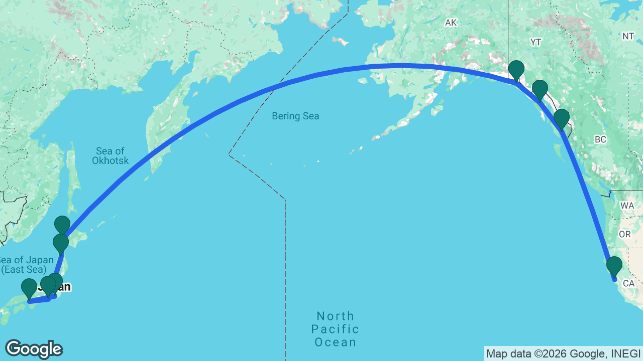 Route map: San Francisco -> Ketchikan -> Icy Strait Point -> Hubbard Glacier -> Otaru -> Aomori -> Mount Fuji -> Kobe -> Tokyo