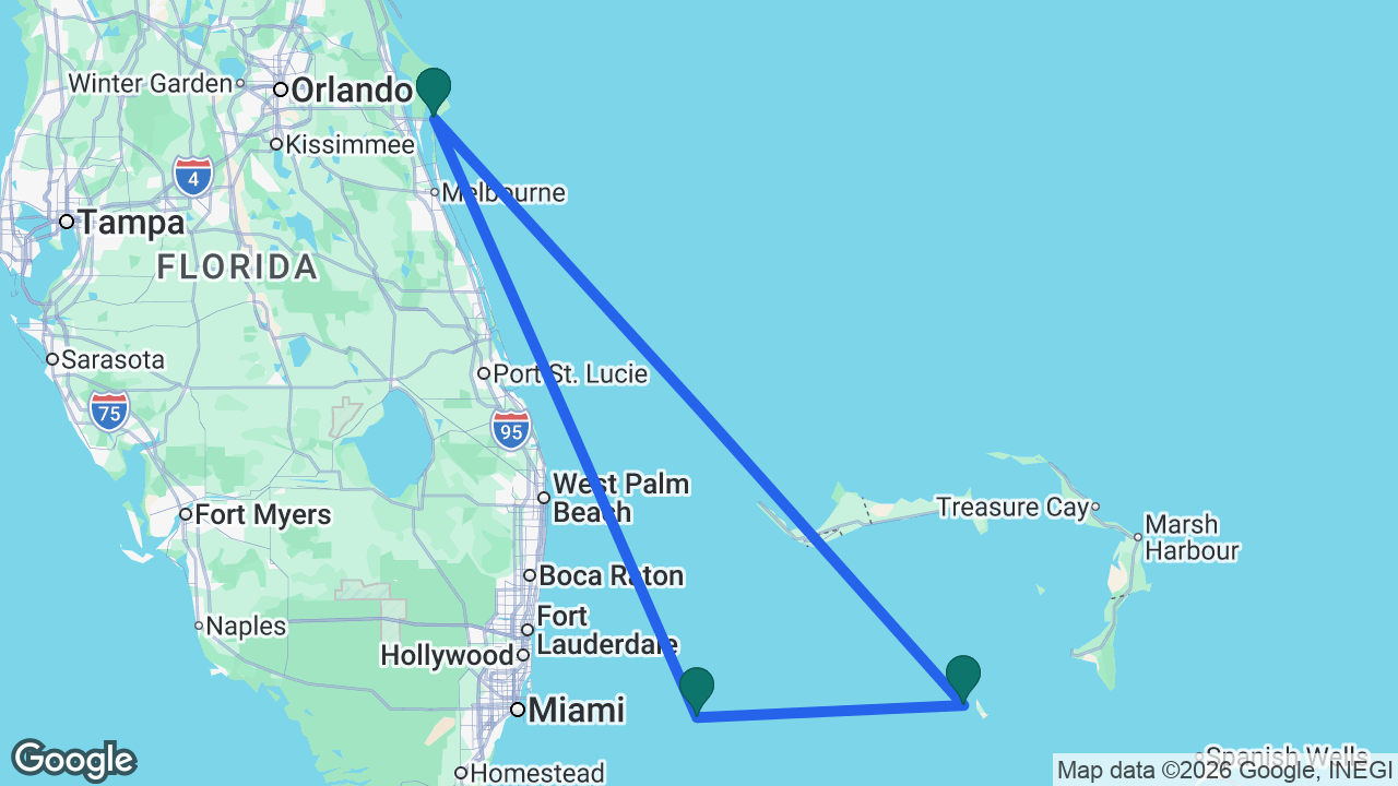 Route map: Port Canaveral -> Bimini -> CocoCay -> Port Canaveral