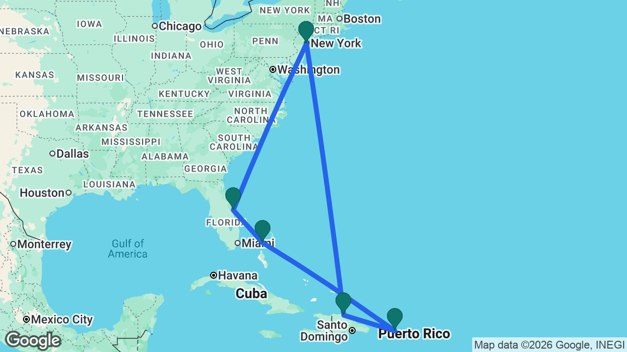 Route map: New York -> Port Canaveral -> CocoCay -> San Juan -> Puerto Plata -> New York