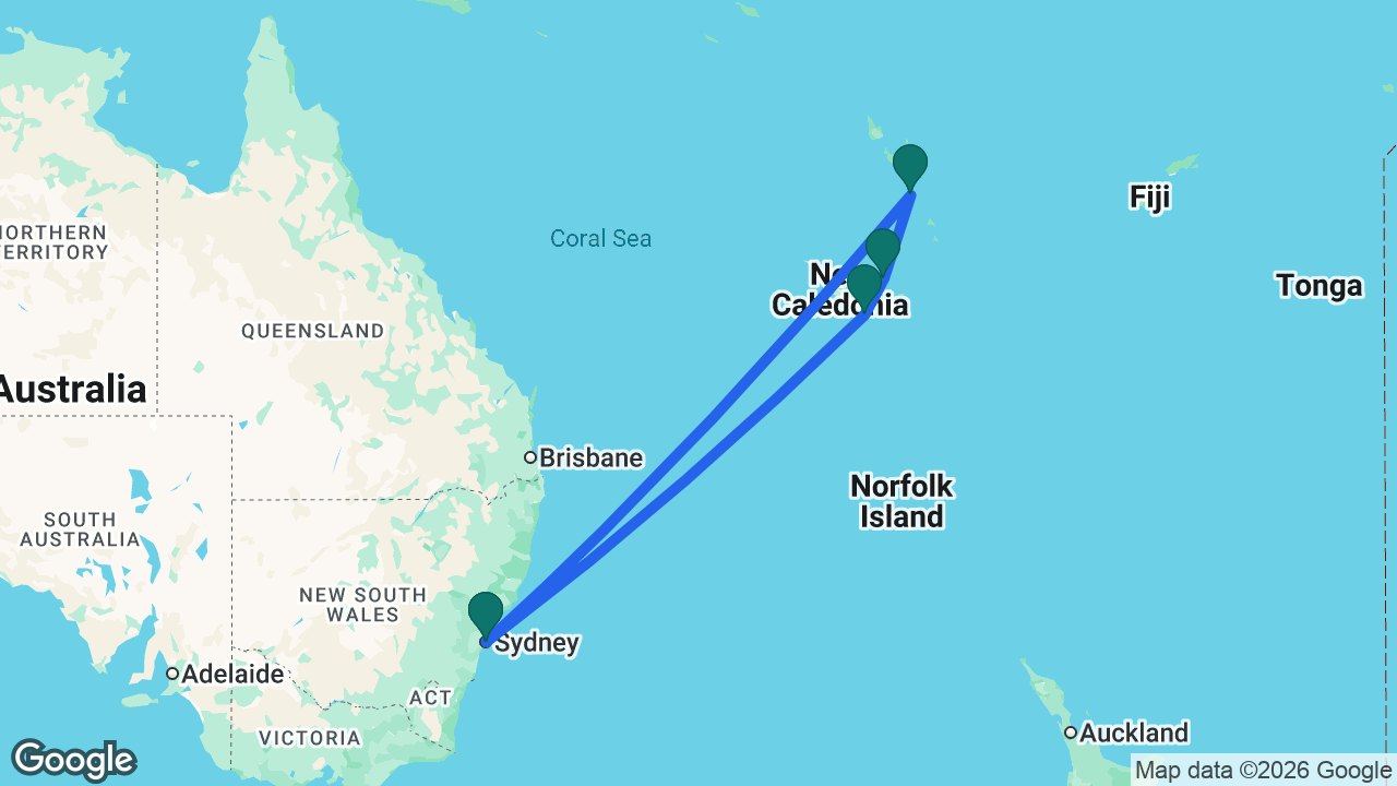 Route map: Sydney -> Nouméa -> Lifou -> Port Vila -> Sydney