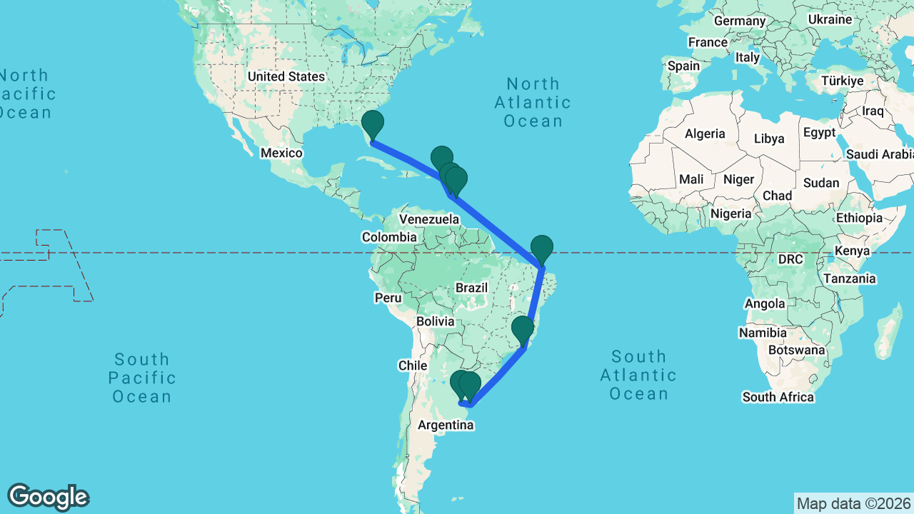 Route map: Fort Lauderdale -> St. Maarten -> St. Lucia -> Barbados -> Fortaleza -> Rio -> Montevideo -> Buenos Aires