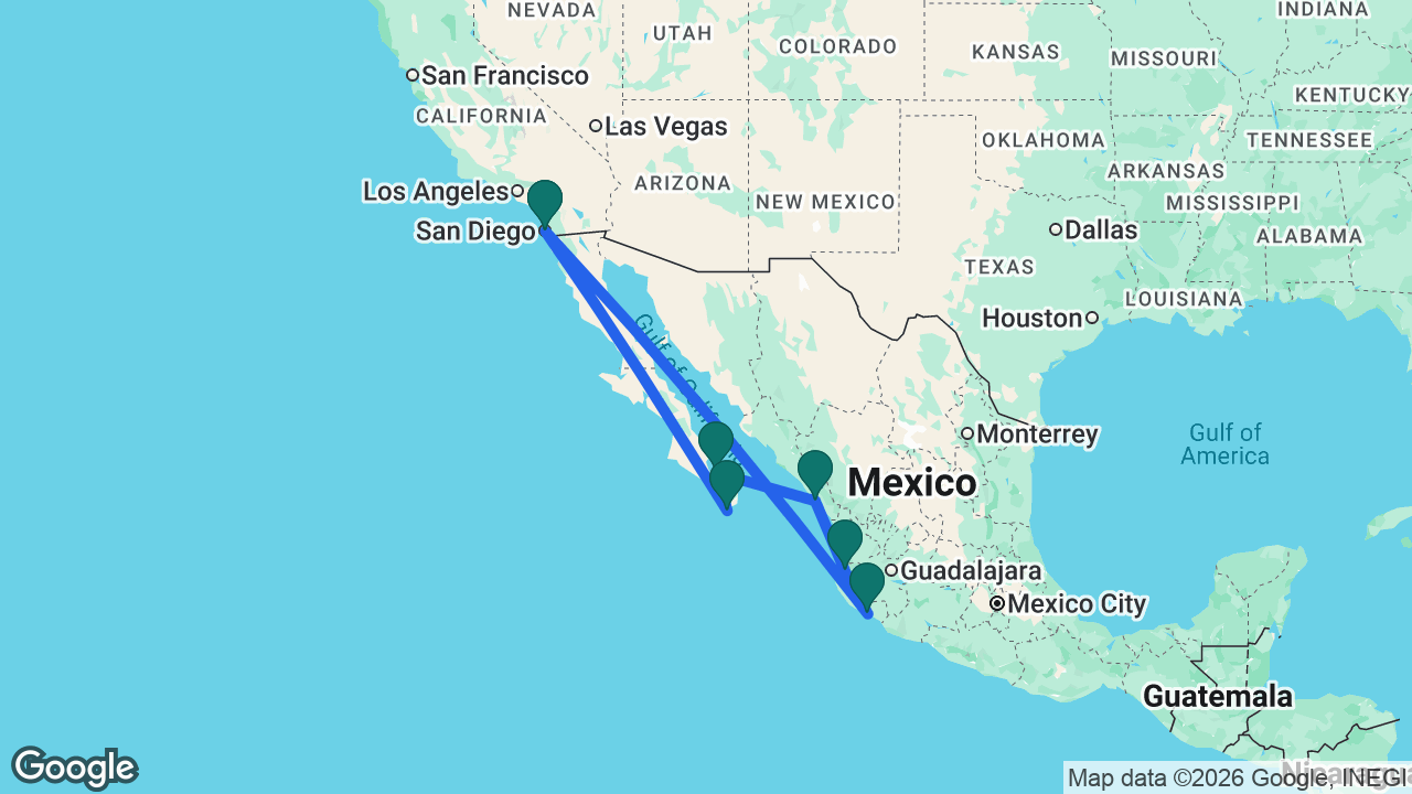 Route map: San Diego -> Manzanillo -> Puerto Vallarta -> Mazatlán -> La Paz -> Cabo -> San Diego