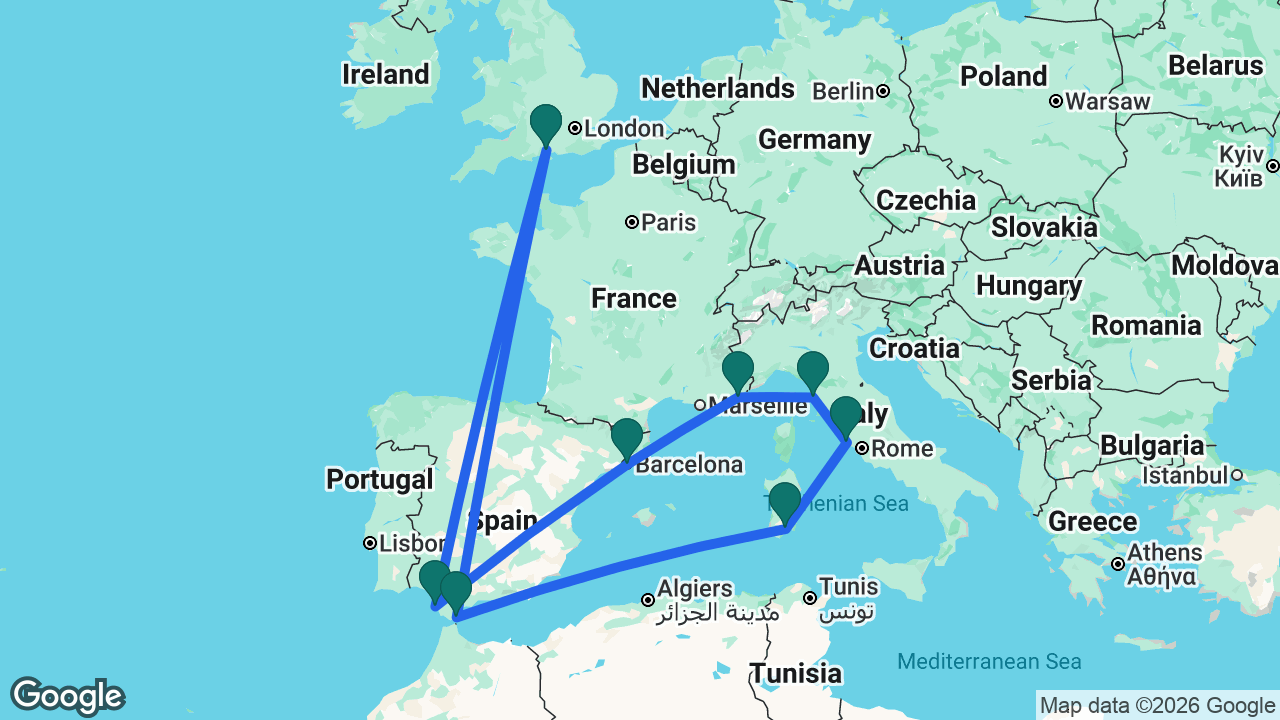 Route map: Southampton -> Gibraltar -> Cagliari -> Rome -> Florence -> Cannes -> Barcelona -> Cádiz -> Southampton