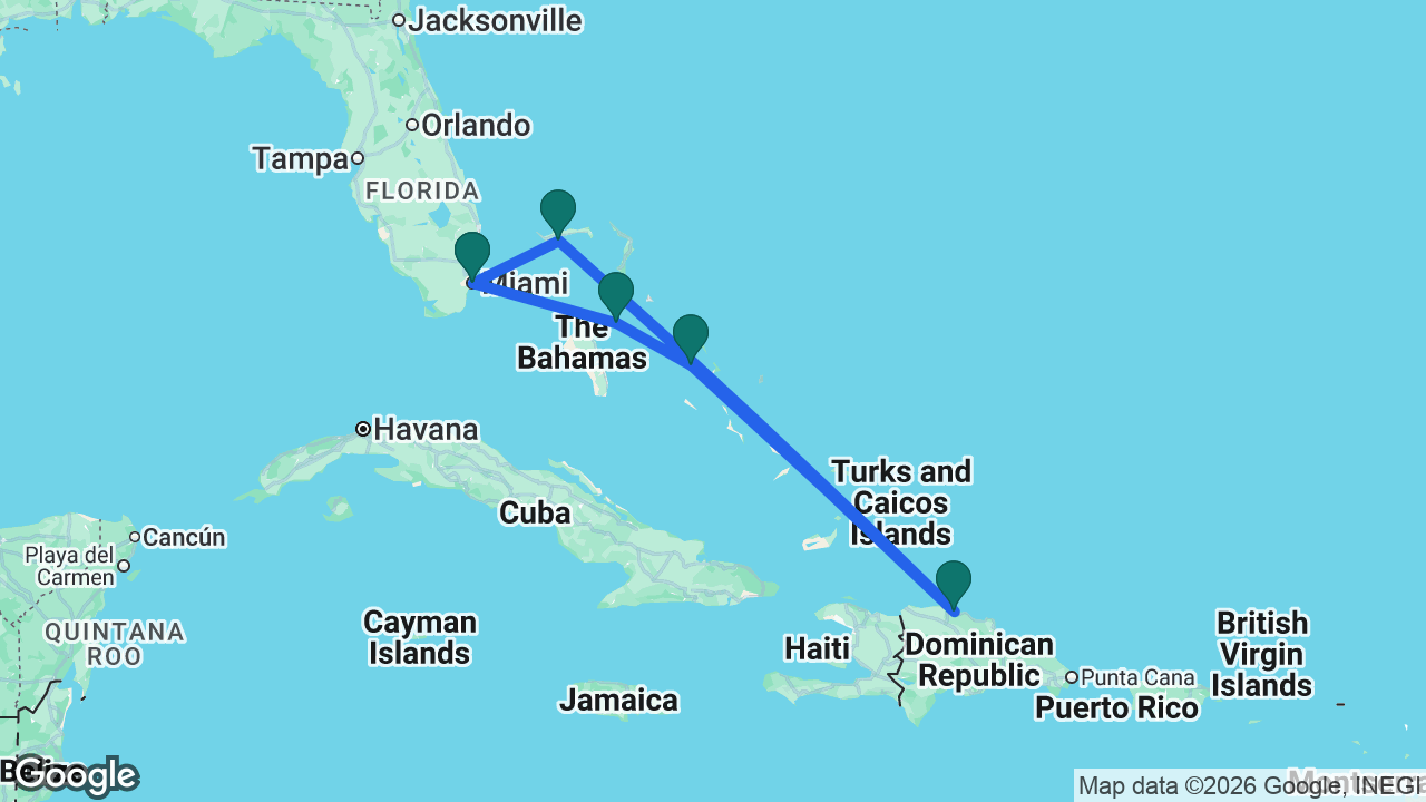 Route map: Miami -> Nassau -> Half Moon Cay -> Amber Cove -> Celebration Key -> Miami