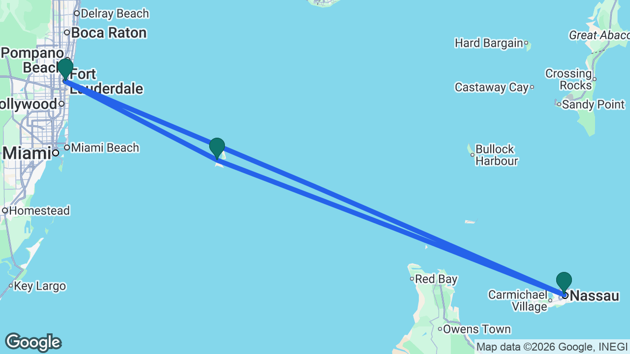Route map: Fort Lauderdale -> Nassau -> Bimini -> Fort Lauderdale