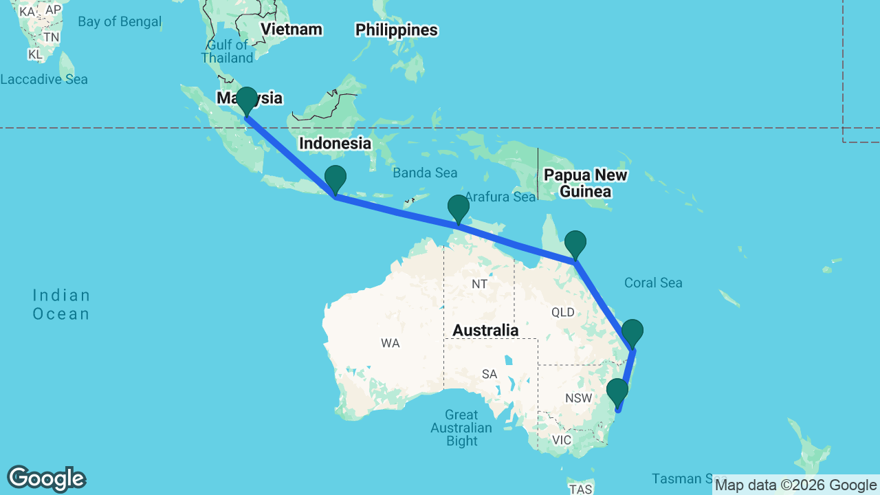 Route map: Singapore -> Bali -> Darwin -> Cairns -> Brisbane -> Sydney