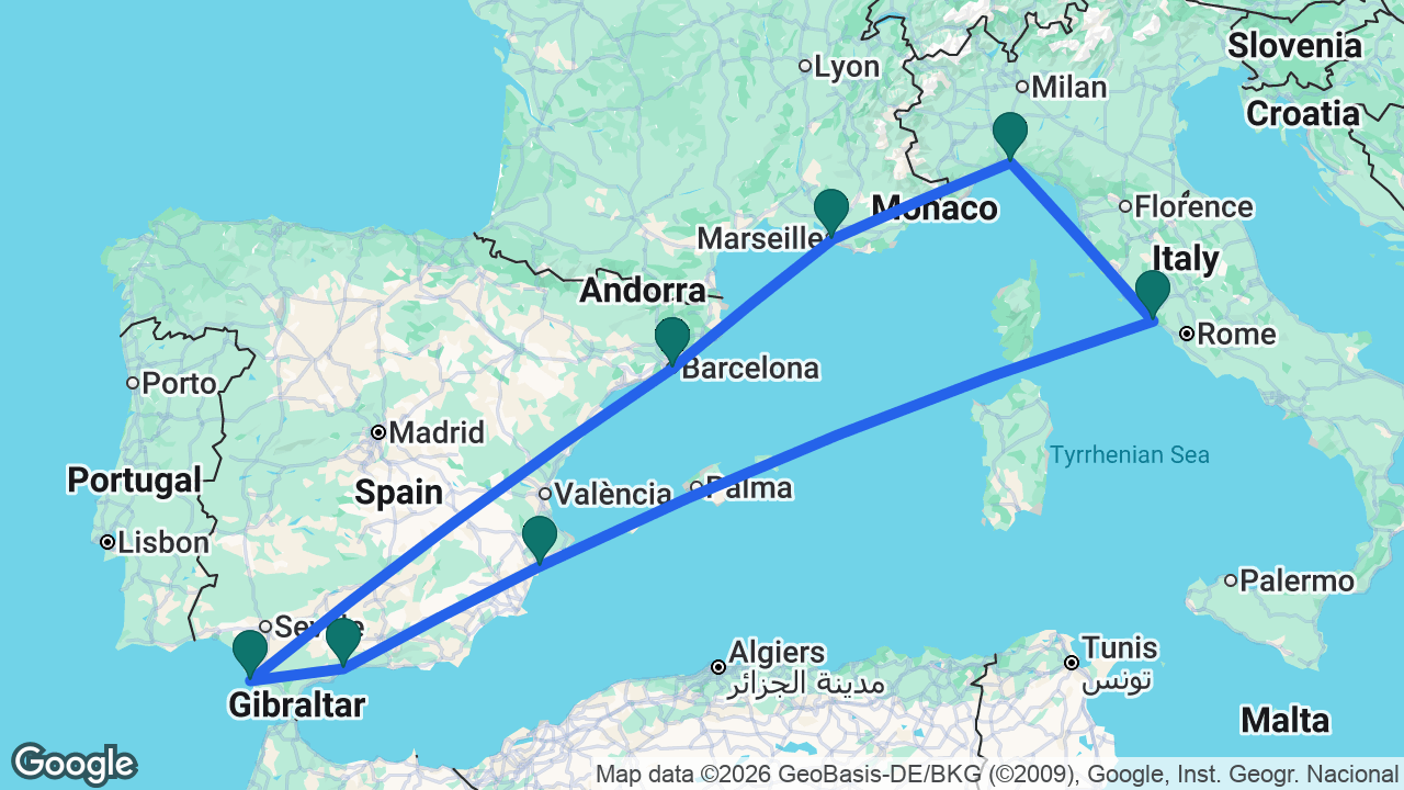 Route map: Marseille -> Barcelona -> Cádiz -> Málaga -> Alicante -> Rome -> Genoa -> Marseille