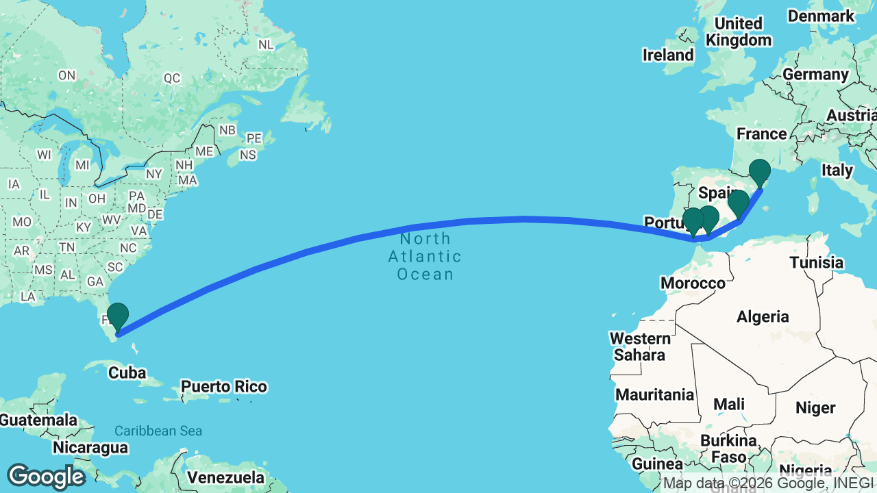 Route map: Fort Lauderdale -> Cádiz -> Málaga -> Alicante -> Barcelona