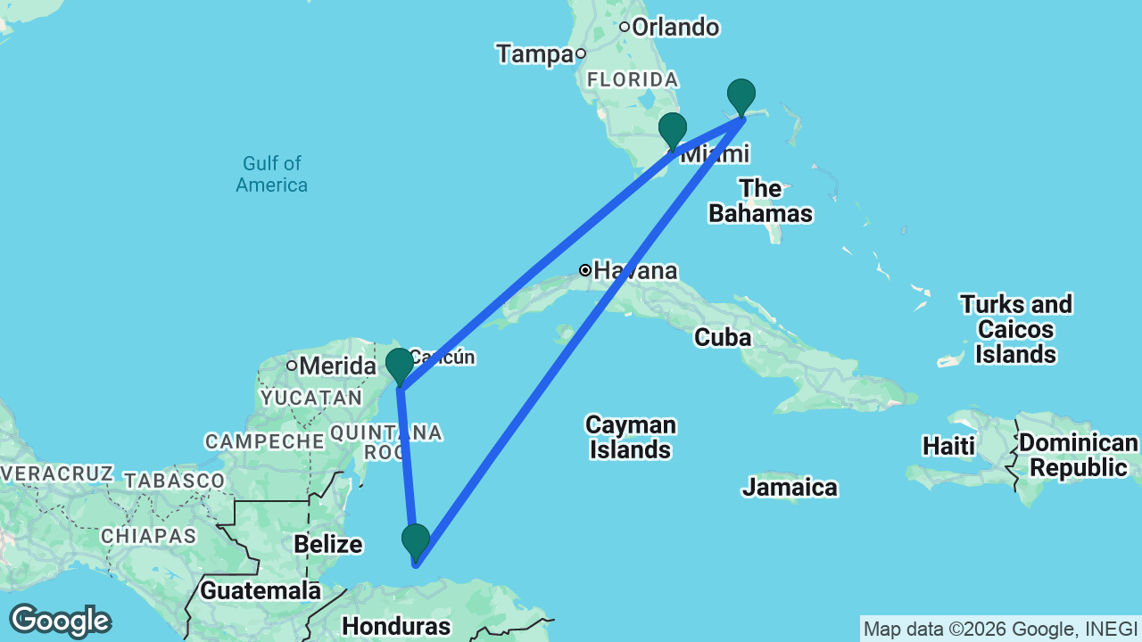 Route map: Miami -> Cozumel -> Roatán -> Celebration Key -> Miami