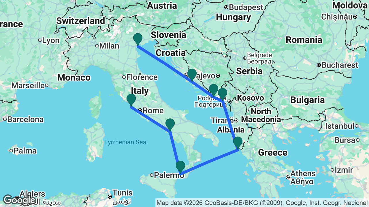 Route map: Venice -> Split -> Dubrovnik -> Kotor -> Corfu -> Messina -> Amalfi Coast -> Rome