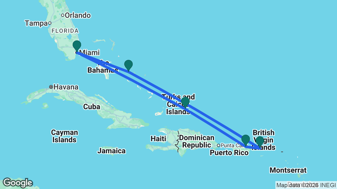 Route map: Miami -> Grand Turk -> San Juan -> St. Thomas -> Half Moon Cay -> Miami
