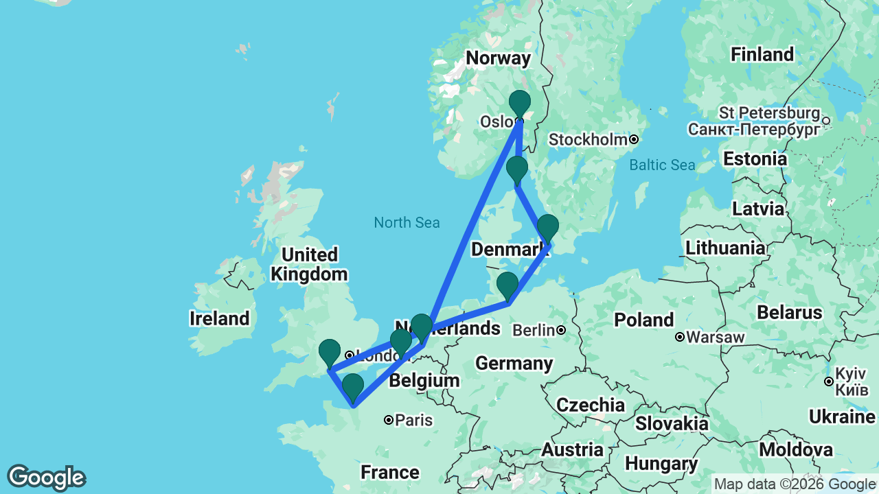 Route map: Southampton -> Hamburg -> Copenhagen -> Skagen -> Oslo -> Rotterdam -> Bruges -> Paris -> Southampton