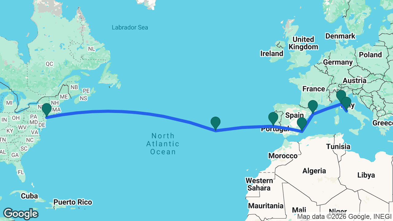 Route map: Rome -> Florence -> Barcelona -> Cartagena -> Lisbon -> Azores -> New York